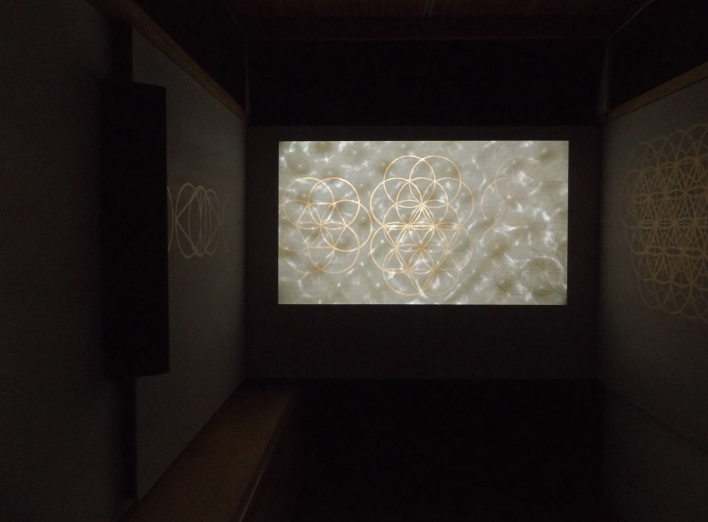 Single channel video and sound, interference paint, wood panels, 2015
